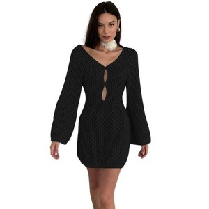 Womens Crochet Cover Up Long Sleeve Sexy Bodycon Sheer Knit Summer Beach Swimsuit Coverup Cut Out Mini Dress - 1 of 4