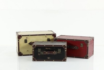 Set Of 3 Vintage Real Leather And Wood Trunks Brown - Olivia & May