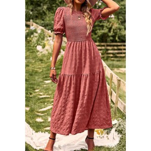 Women's Summer Crew Neck Short Sleeve Smocked Midi Dress Casual Elastic Waist Tiered A Line Maxi Dress - 1 of 4
