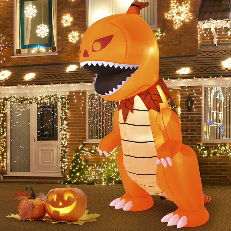 Costway 8FT Halloween Inflatable Pumpkin Head Dinosaur Blow Up with LED Lights, 1 of 11