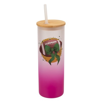 Elanze Designs 25 Ounce Frosted Glass Gradient Travel Tumbler With Straw and Wooden Lid, Football With Green Bow Pink