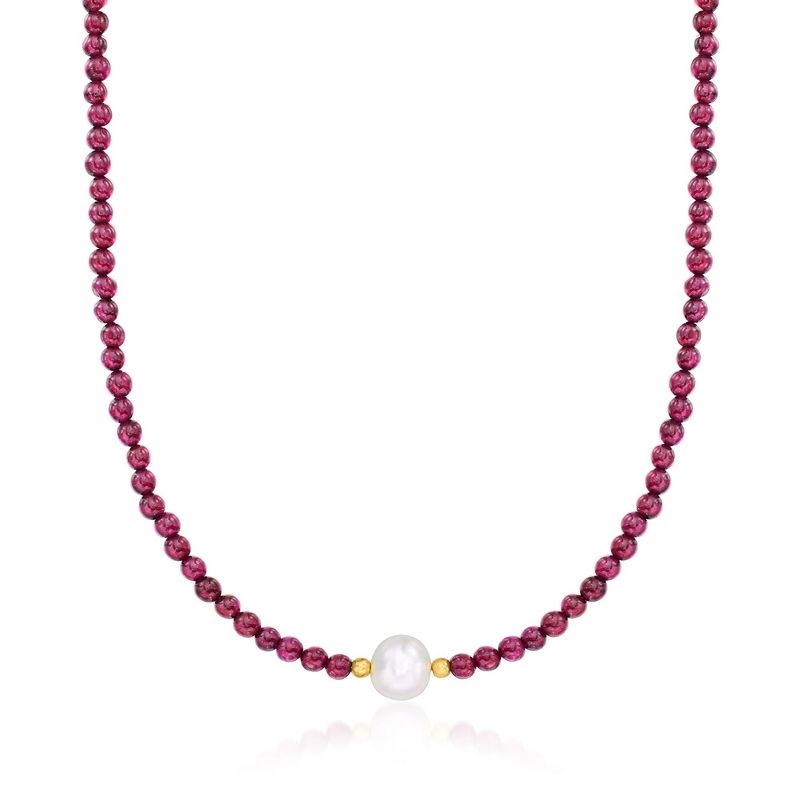 Ross-Simons 8.5-9.5mm Cultured Pearl and 55.00 ct. t.w. Garnet Bead Necklace With 18kt Gold Over Sterling Size 18