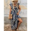 Women's V NeckElegant Printed Short Fly Sleeved Dress With Lace-Up Belt - 4 of 4