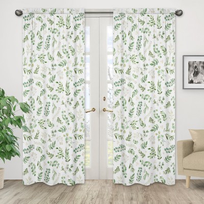 84in Botanical Green and White Cotton Window Curtain Panels