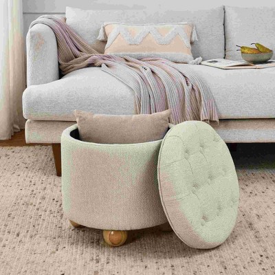 CAVINAS Round Storage Ottoman Bench,Upholstered Ottoman with Solid Wood Oval Legs and Button Design for Living Room,Bedroom