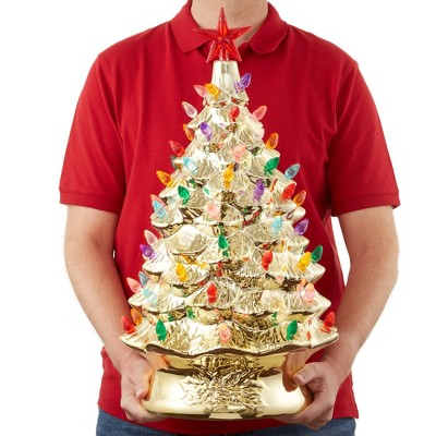 Gold Hand Painted Ceramic Christmas Tree with Multi Color Lights