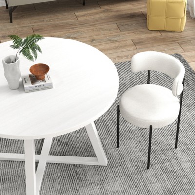 White Round Rubberwood Dining Table with 2 Boucle Chairs