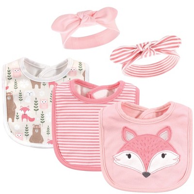 Hudson Baby Infant Girl Cotton Bib and Headband Set 5pk, Miss Fox, One Size