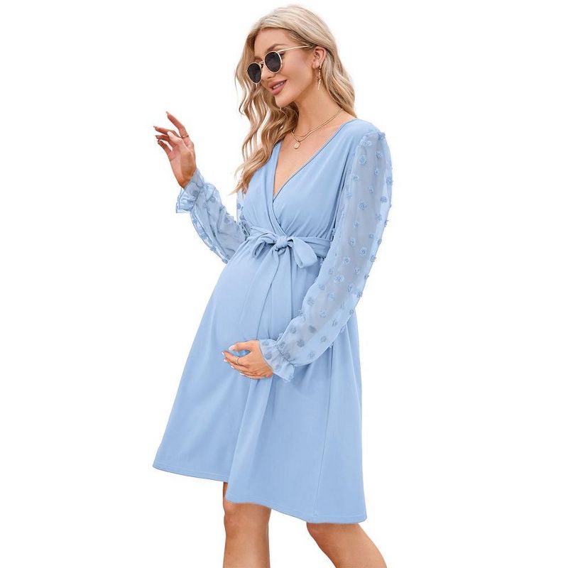 Womens Maternity Swiss Dot Long Sleeve Wrap Dress Fall Casual V Neck Nursing Midi Dress Baby Shower Photoshoot Belt, 1 of 7