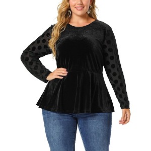 Agnes Orinda Women's Plus Size Velvet Peplum Polka Dots Sheer Long Sleeve Dating Work Blouses - 1 of 4