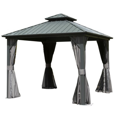 Gloweer Hardtop Gazebo, Outdoor Aluminum Frame Canopy with Galvanized Steel Roof, Permanent Metal Pavilion with Curtains and Netting