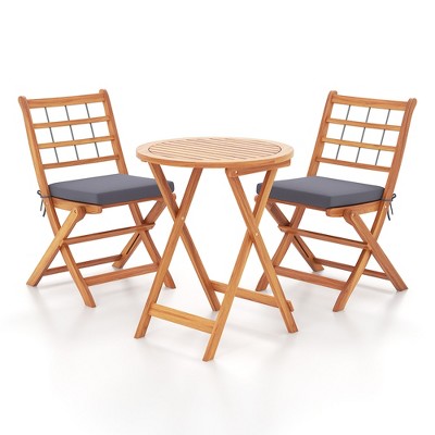 Tangkula 3 Piece Patio Wood Bistro Set Folding Table Chair Set w/Soft Seat Cushions Acacia Wood Frame High-Back Portable Chairs