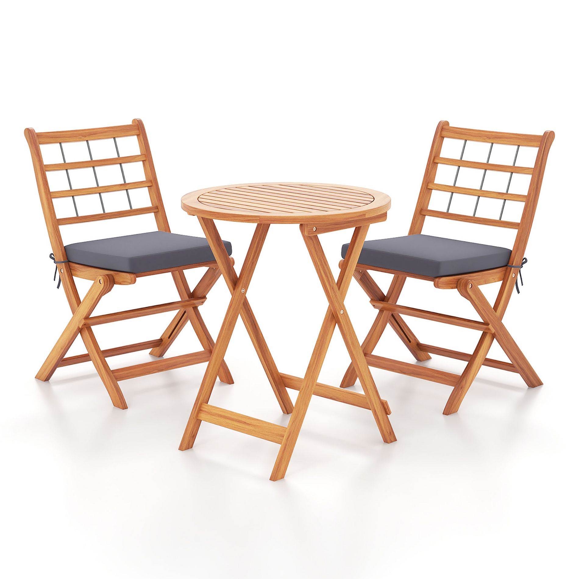 Tangkula 3 Piece Patio Wood Bistro Set Folding Table Chair Set w/Soft Seat Cushions Acacia Wood Frame High-Back Portable Chairs