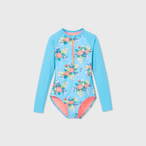 Girls Long Sleeve Ribbed Floral Front Zip One Piece Swimsuit Cat Jack Blue Target