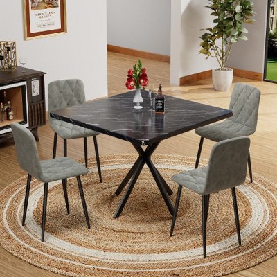 NicBex 5-Piece Dining Set for 4 – Faux Marble Square Table with 4 Leather Upholstered Chairs, Modern Kitchen Table Set