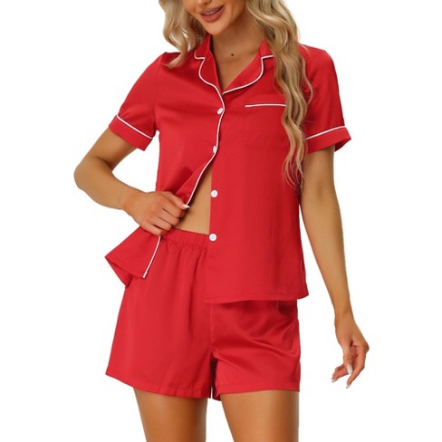 cheibear Women's Satin Button Down Sleepwear Shirt with Shorts Pj Sets Red  Small