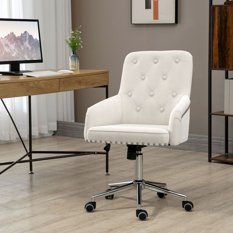 HOMCOM Modern Mid-back Desk Chair with Button Tufted Velvet Back, Nailhead Trim, Swivel Home Office Chair with Adjustable Height, Curved Padded Armrests, 2 of 10