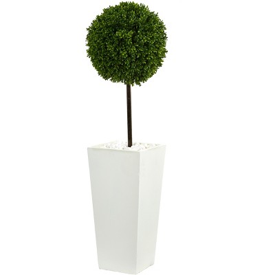 Nearly Natural 3.5-ft Boxwood Ball Topiary Artificial Tree in White Tower Planter UV Resistant (Indoor/Outdoor)