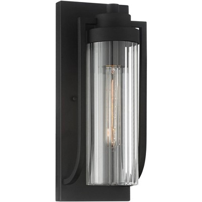 Possini Euro Design Modern Outdoor Wall Light Fixture Textured Black 15 1/2" Clear Ribbed Glass Exterior House Porch Patio Deck