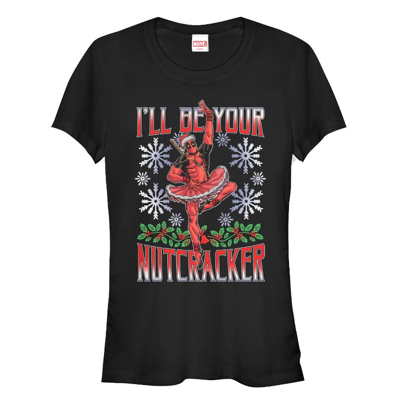 Juniors Womens Marvel Christmas Deadpool Nutcracker T-Shirt, 1 of 4