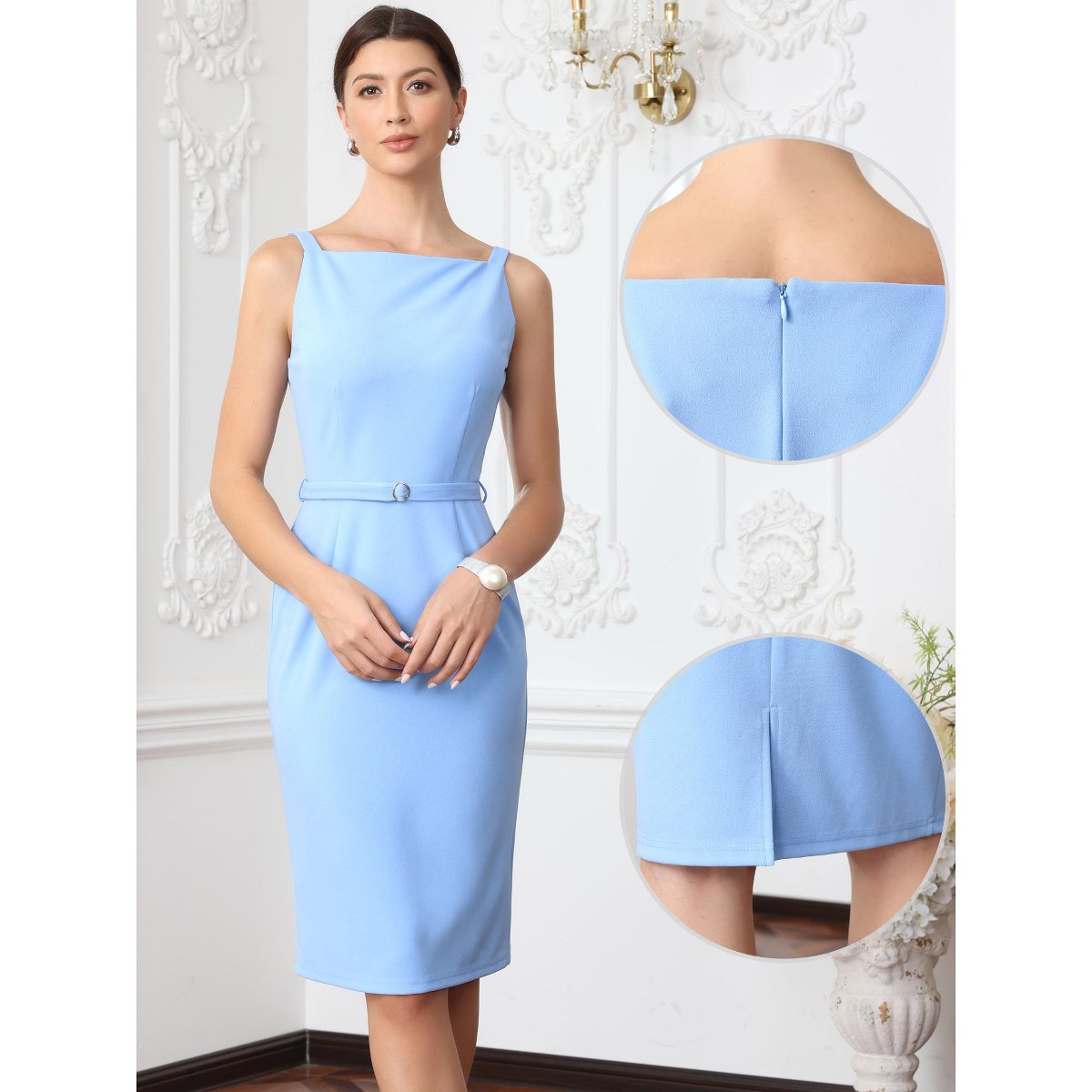 Женские платья INSPIRE CHIC Women's Sleeveless Square Neck Belted Formal Business Sheath Midi Dresses Large Blue — фото 3
