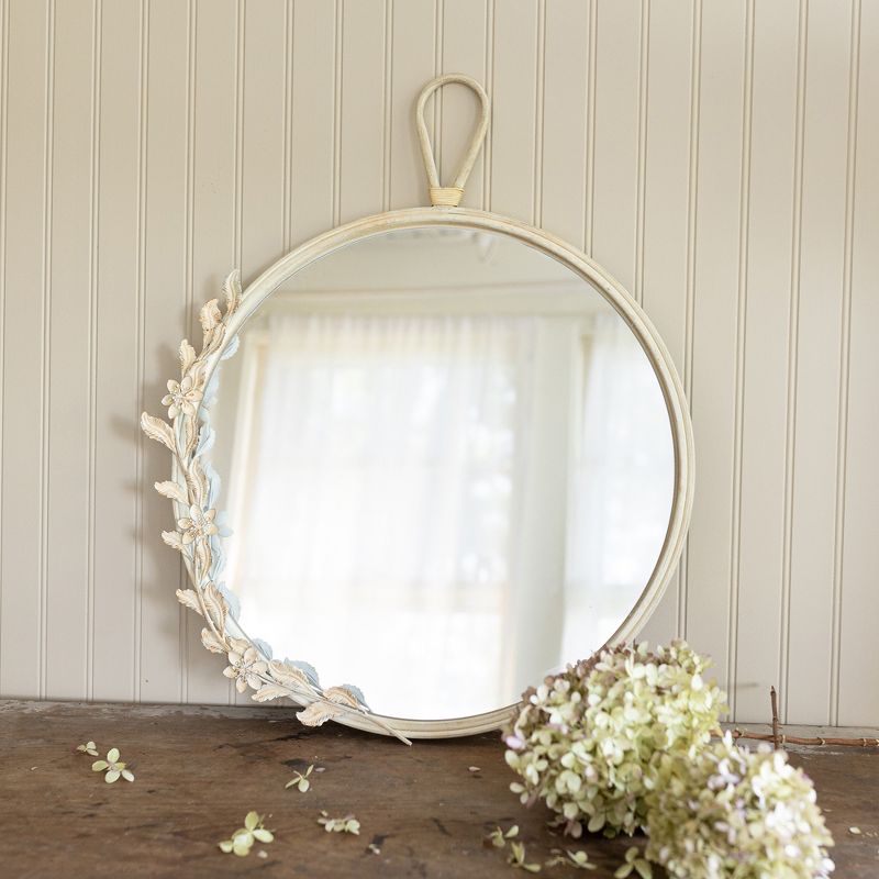 Round White Cottage Floral Wall Mirror Glass & Metal by Foreside Home & Garden, 3 of 8
