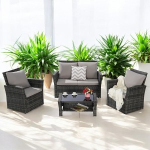 Mshliw 4-Piece Outdoor Patio Furniture Set, Garden Wicker Sofa with Tempered Glass Coffee Table, Poolside Lawn Chairs, Cushions, Modular Design - 1 of 4