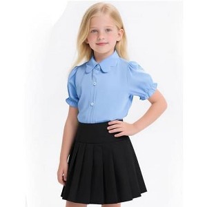Girls Button Down Shirt Summer Cute Puff Short Sleeve Shirt Blouse Top Doll Collar School Uniform Blouse 4-13Y - 1 of 3