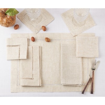 Natural Poly-Linen Blend Hemstitch Dinner Napkins, Set of 12