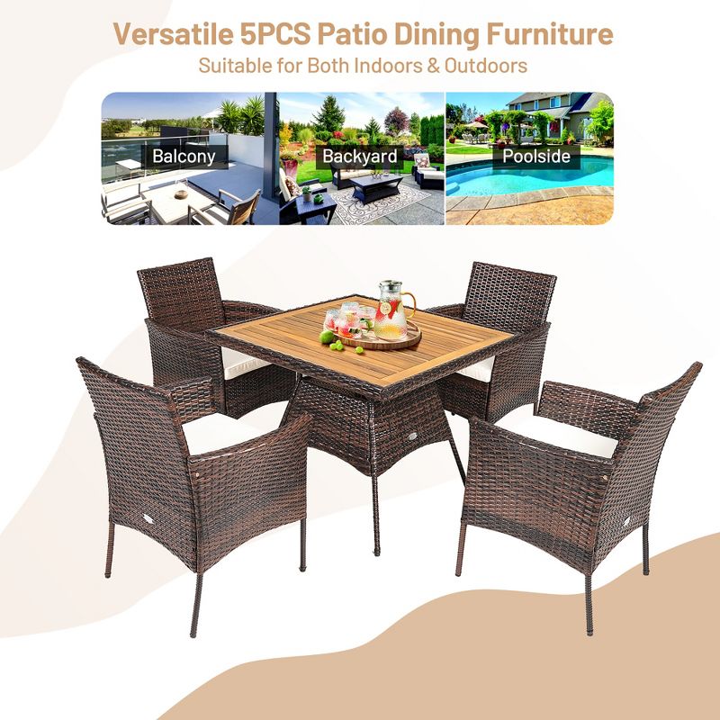 Costway 5PCS Patio Rattan Dining Furniture Set Arm Chair Wooden Table Top, 5 of 11