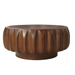 Saman Wood Round Coffee Table with Carved Sculptural Design and Ash Veneer Top for Living Room - 1 of 4