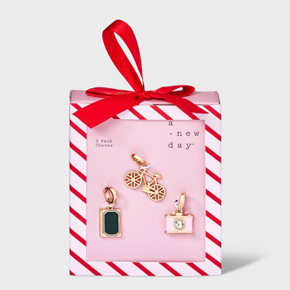 Book Bicycle and Camera Charm Necklace Set 3pc - A New Day™ Gold