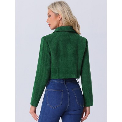 Allegra K Women's Tweed Short Suit Long Sleeve Crop Jacket X-Large Green — фото 3