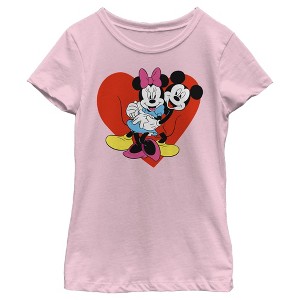 Girl's Disney Mickey and Minnie Hugging Hearts T-Shirt - 1 of 4