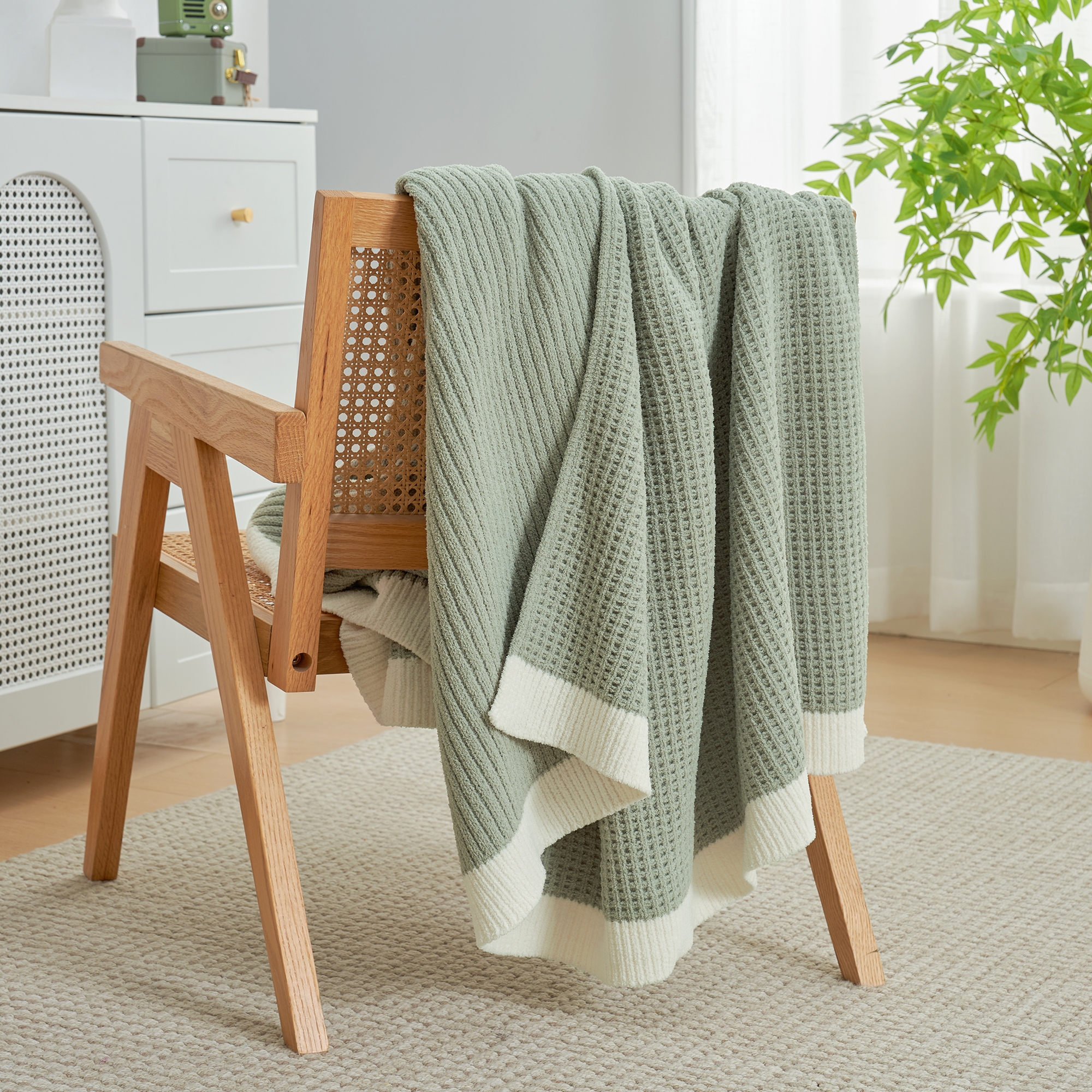 Reversible Chenille Waffle Knit Throw Blanket Soft, Lightweight & Cozy, Sage Green - Amelie Home