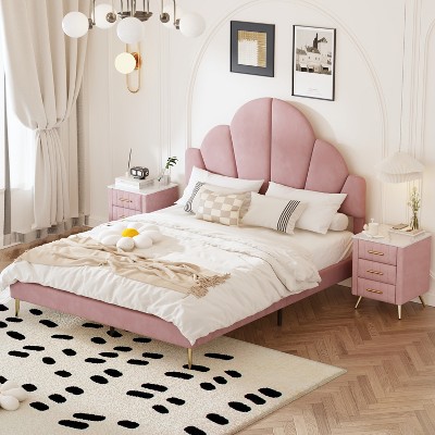 3 Pieces Bedroom Sets, Queen Size Velvet Upholstered Bed Frame with Petal Shape Headboard,  2 Nightstands with 3 Drawers-ModernLuxe