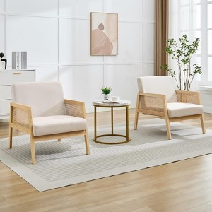 Linen Upholstered Lounge Armchairs (2-Pack) - Indoor/Outdoor Rattan Webbing Reading Chairs with Sturdy Wood Frame for Patio - 1 of 4