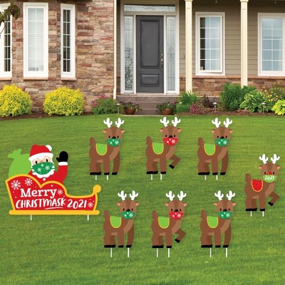 Big Dot of Happiness 2021 Christmask Santa's Sleigh - Yard Sign and Outdoor Lawn Decorations - Quarantine Reindeer Christmas Yard Signs - Set of 8