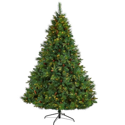 Nearly Natural 7-ft West Virginia Full Bodied Mixed Pine Artificial Christmas Tree with 450 Clear LED Lights and Pine Cones