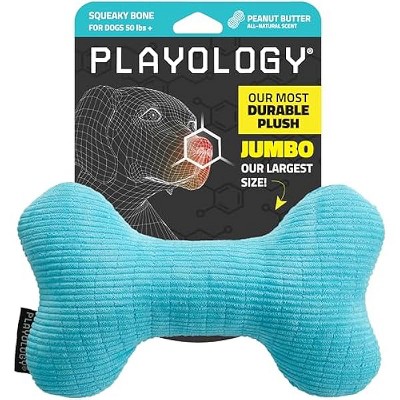 Playology Dog Toys | Plush Squeaky Bone Chew Toy for Dogs | Jumbo Peanut Butter Scented Toy - Easy to Clean and Made from Non Toxic Materials