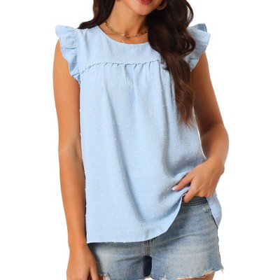 Seta T Women's Swiss Dots Casual Summer Crewneck Ruffle Sleeveless Shirt