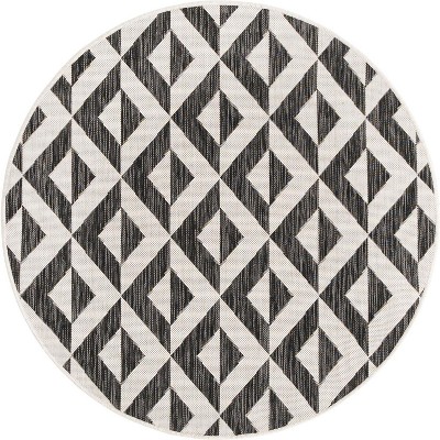Charcoal Gray Geometric Round Outdoor Rug
