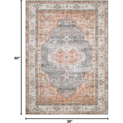 Traditional Vintage Boho Floral Area Rug - 3x5 Washable,Non-Shedding Low Pile Indoor Carpet with Non-Slip Rubber Backing  Pink