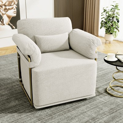 360° Swivel Accent Chair with Gold Metal Frame, Fluffy Upholstered Armchair for Living Room or Bedroom, Modern Square Lounge Chair-Maison Boucle