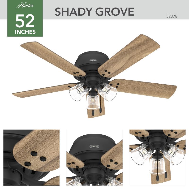 52" Shady Grove Low Profile Ceiling Fan with Light Kit and Pull Chain (Includes LED Light Bulb) - Hunter Fan, 2 of 15