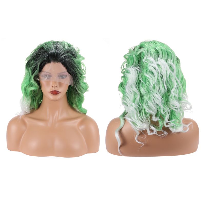 Unique Bargains Women's Medium Long Fluffy Curly Wavy Lace Front Wigs with Wig Cap 14" Black Green White 1 Pc, 3 of 7