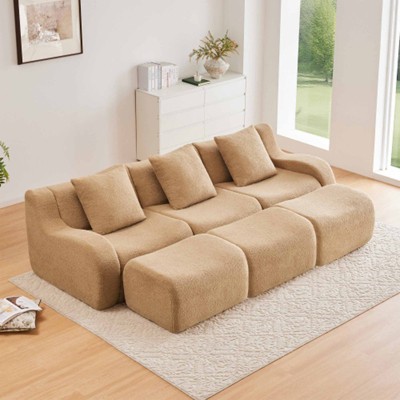 Aukfa Modular Teddy Fabric Sofa,Convertible Modular Sectional Sofa Set , 3-Seats with 1/2/3 Ottoman Soft Boneless Design for Living Room