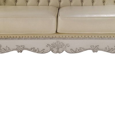 Dresden White Faux Leather Tufted Camelback Sofa with Nailhead Trim