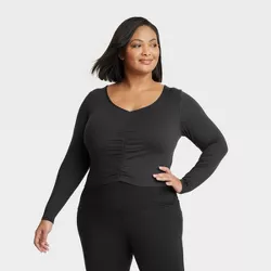 Women's Flex Shirred Cropped Long Sleeve T-Shirt - All in Motion™ Black XXL