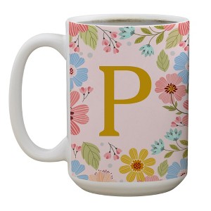 Personalization Mall Flowery Initial Personalized Coffee Mug Gold/Pink - 1 of 1